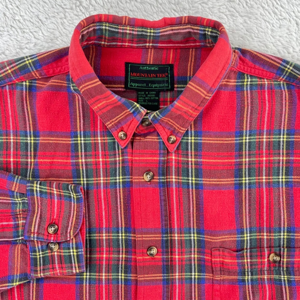 Mountain Tek Flannel Shirt Men's LARGE Red‎ Tartan Plaid Long Sleeve Vintage 90s